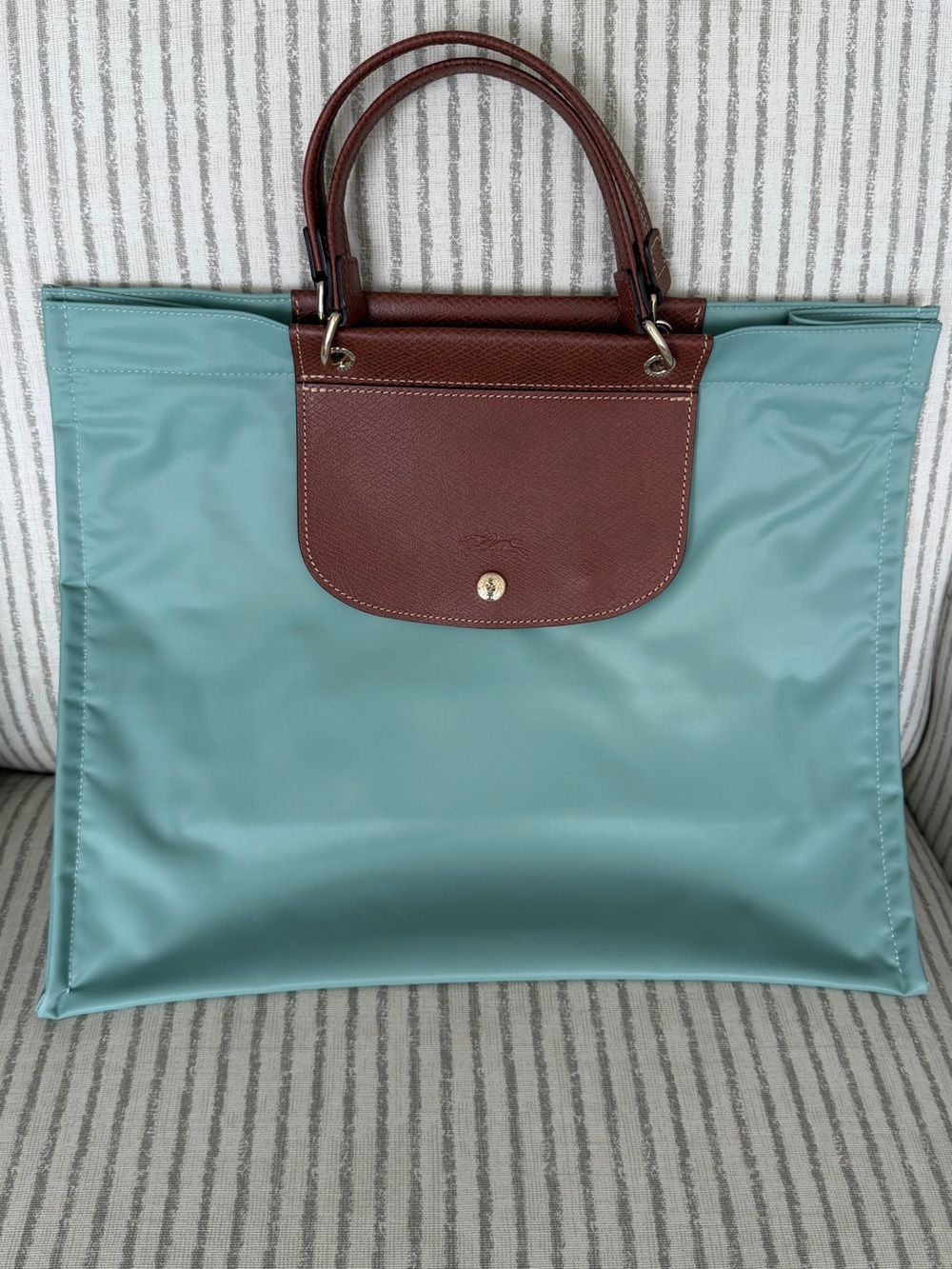 Longchamp Nylon Tote in Aqua with Brown Leather Trim